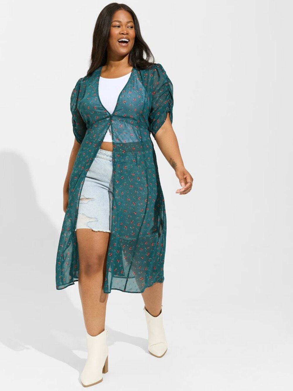 Torrid Teal Chiffon Ruched Sleeve Kimono 3x